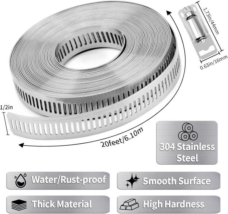 WSWECCL Hose Clamps 20FT Strap+20 Fasteners,DIY Cut-To-Fit 304 Stainless Steel Adjustable Large Worm Gear Band Clamp Assortment Kit,Metal Screw Fasteners and Strapping for Pipe,Duct,Pole,Tube - Image 2